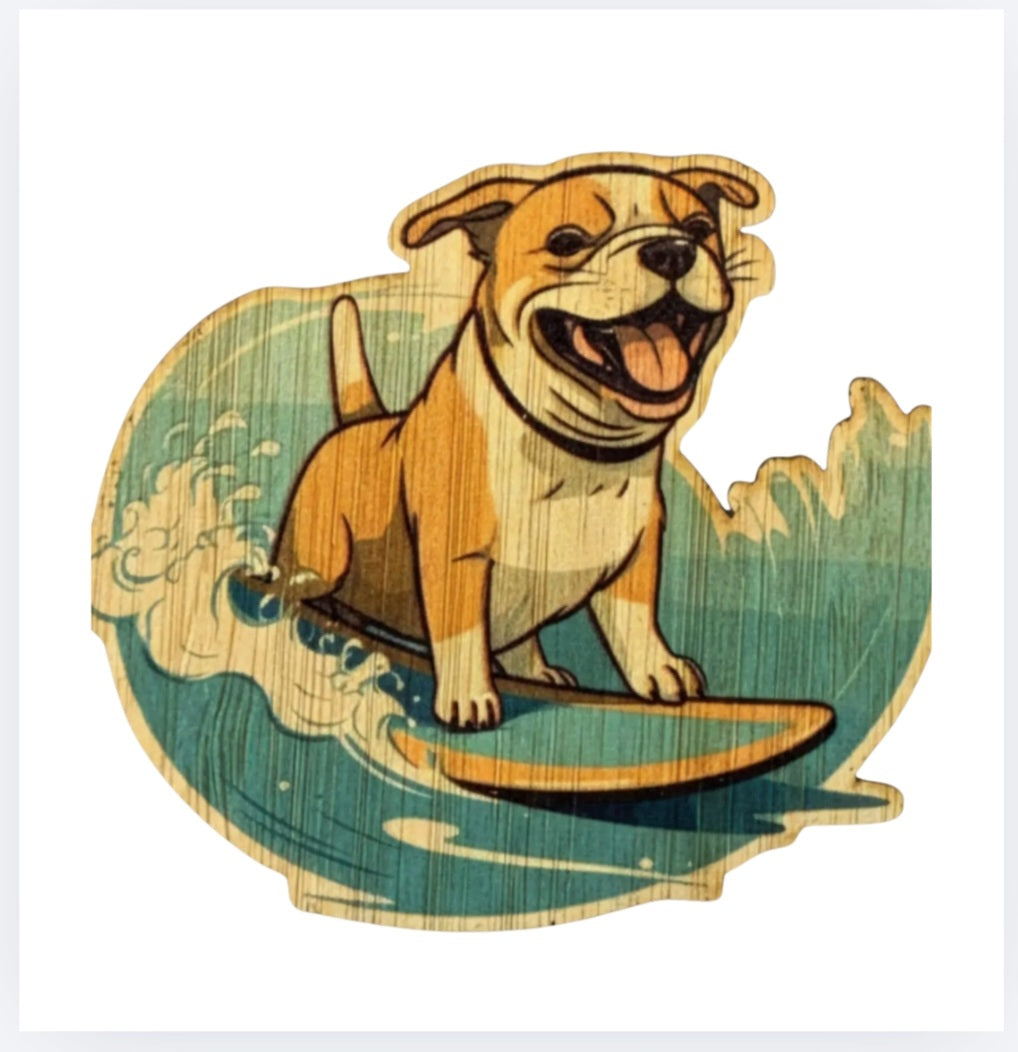 Bamboo surfing bulldog sticker with illustrated dog on a wave