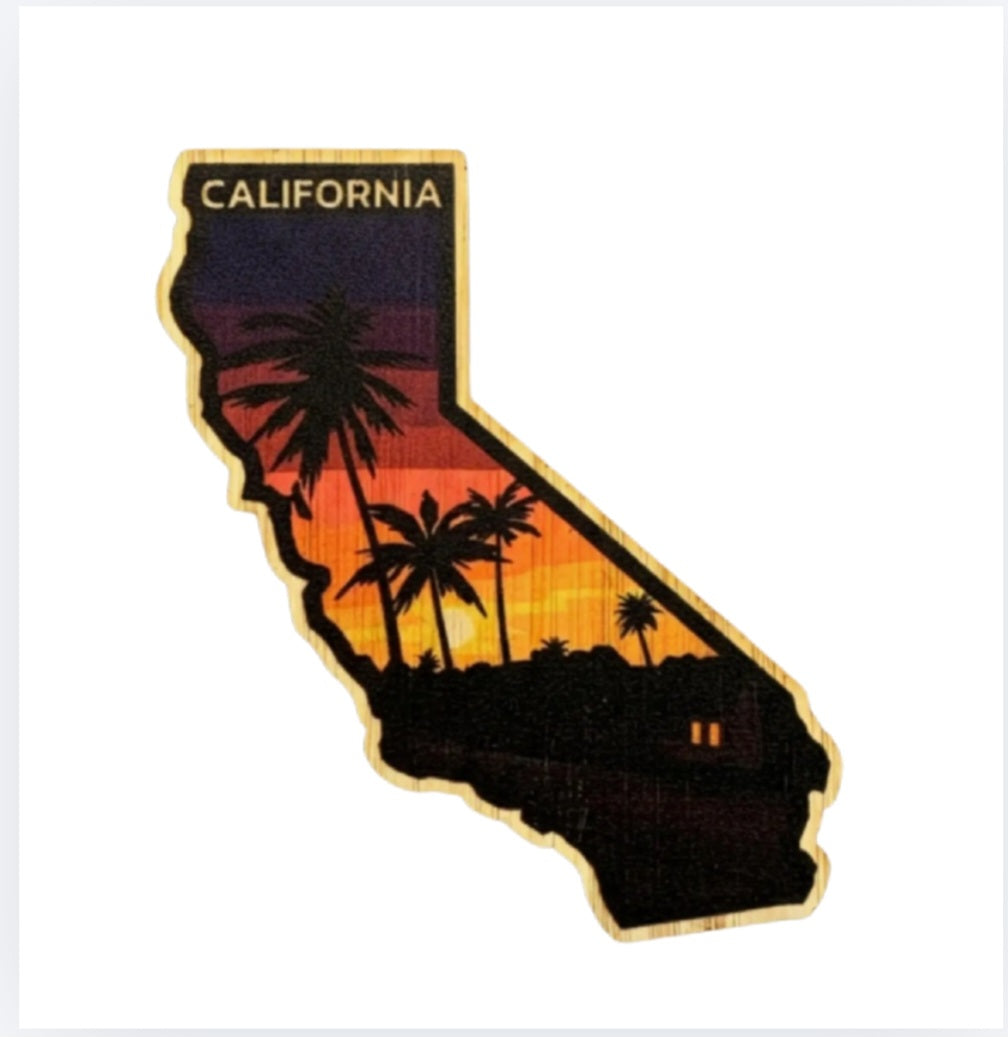 California bamboo sticker with state outline, palm trees, and 'CALIFORNIA' text