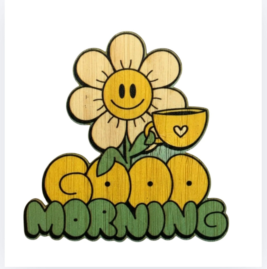 Bamboo-style sticker with smiling sun, heart mug, and “GOOD MORNING” text