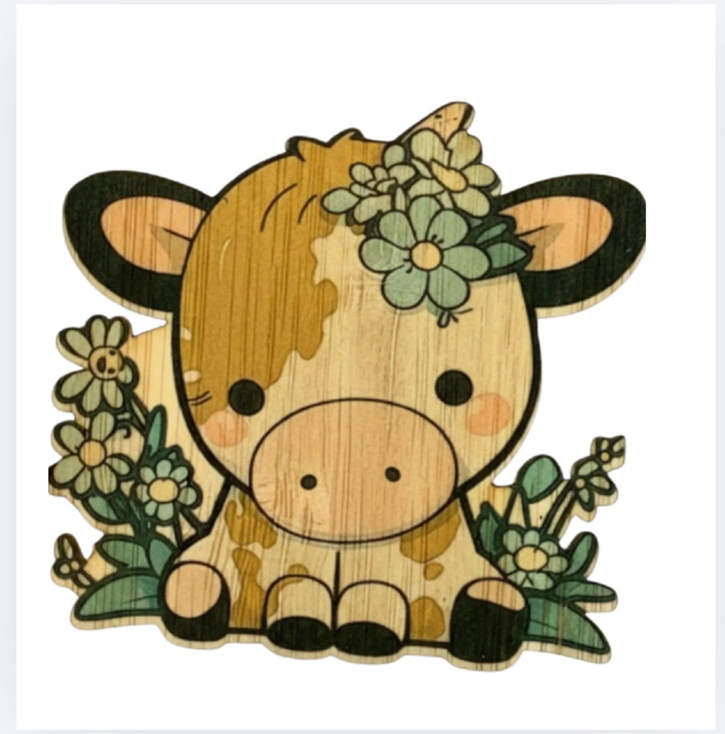 Bamboo cow sticker featuring a cartoon flower crown and horns