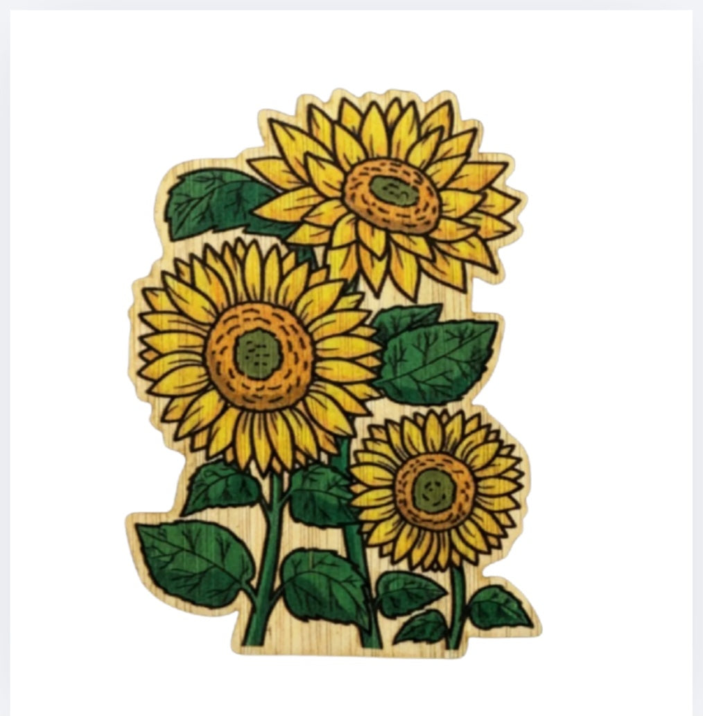 Bamboo sunflower sticker with three yellow flowers and green leaves