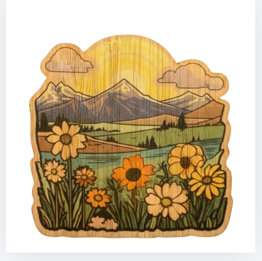 Bamboo sticker featuring mountain landscape with colorful wildflowers
