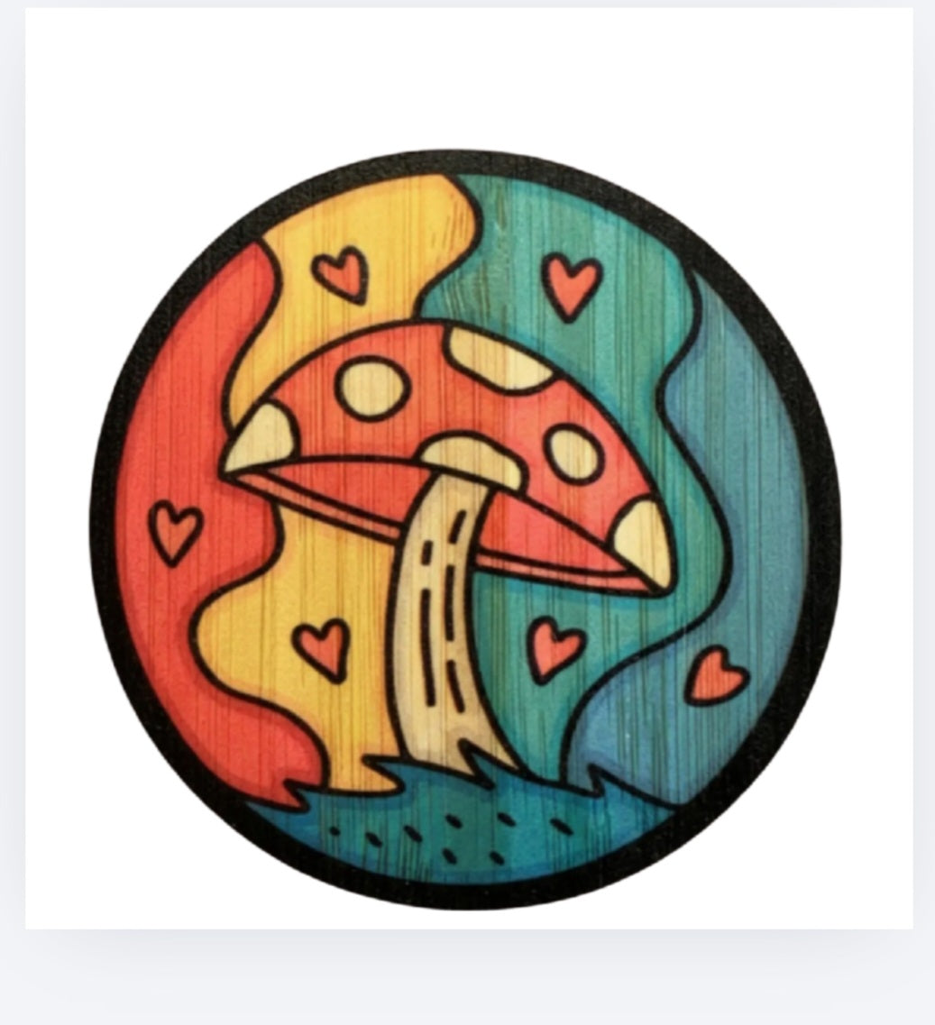 Round mushroom love bamboo sticker with red and teal cartoon mushrooms and heart accents