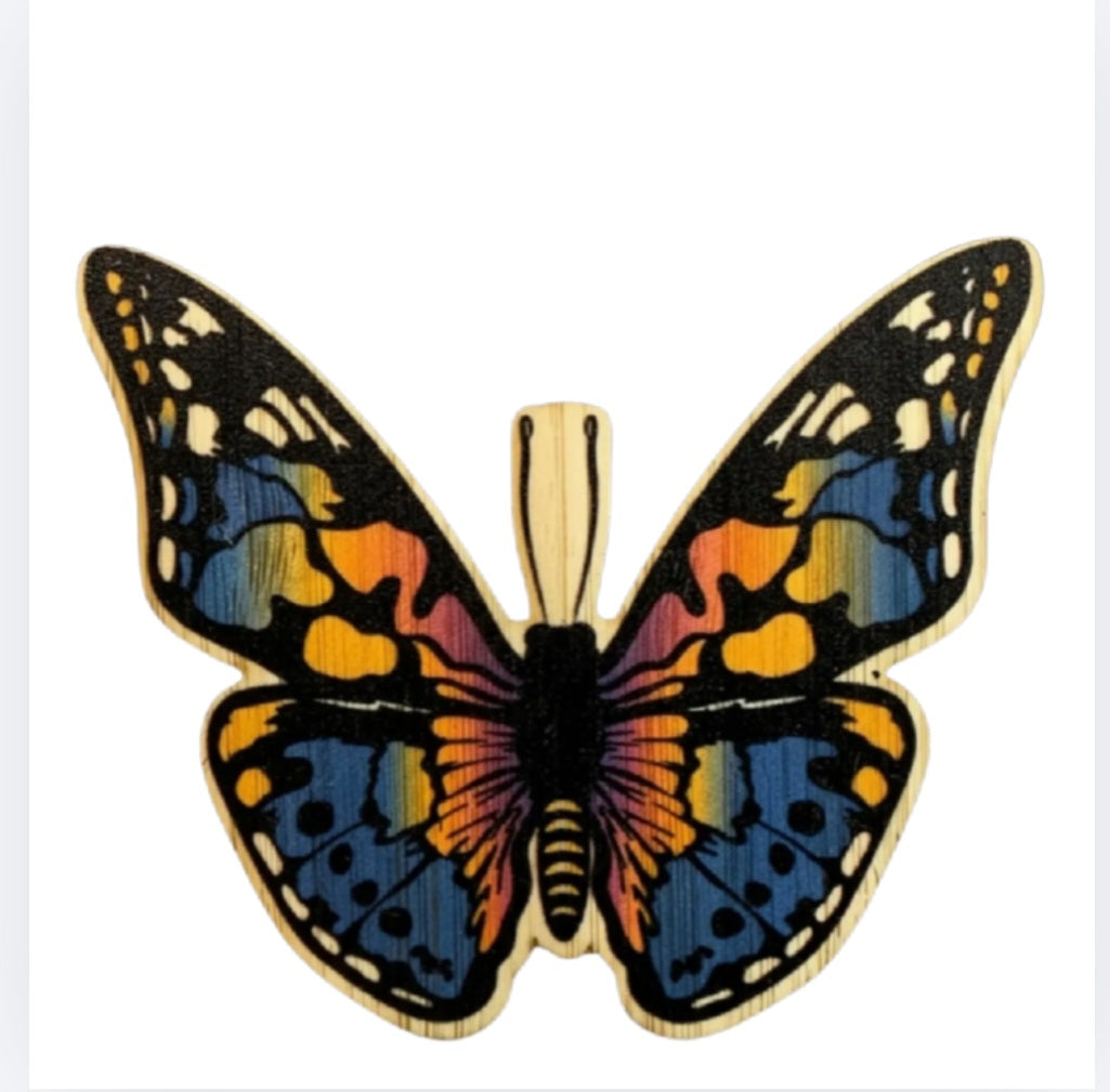 Butterfly bamboo sticker with colorful blue, orange and yellow butterfly wings