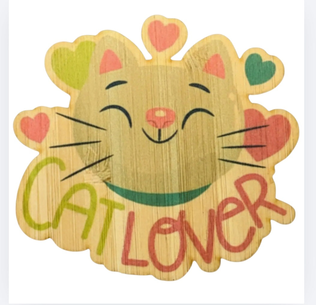 Bamboo-style sticker of a smiling cat face with heart accents and “Catlover” text