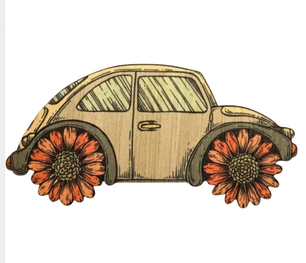 Bamboo sticker of vintage car with two orange flowers on the sides