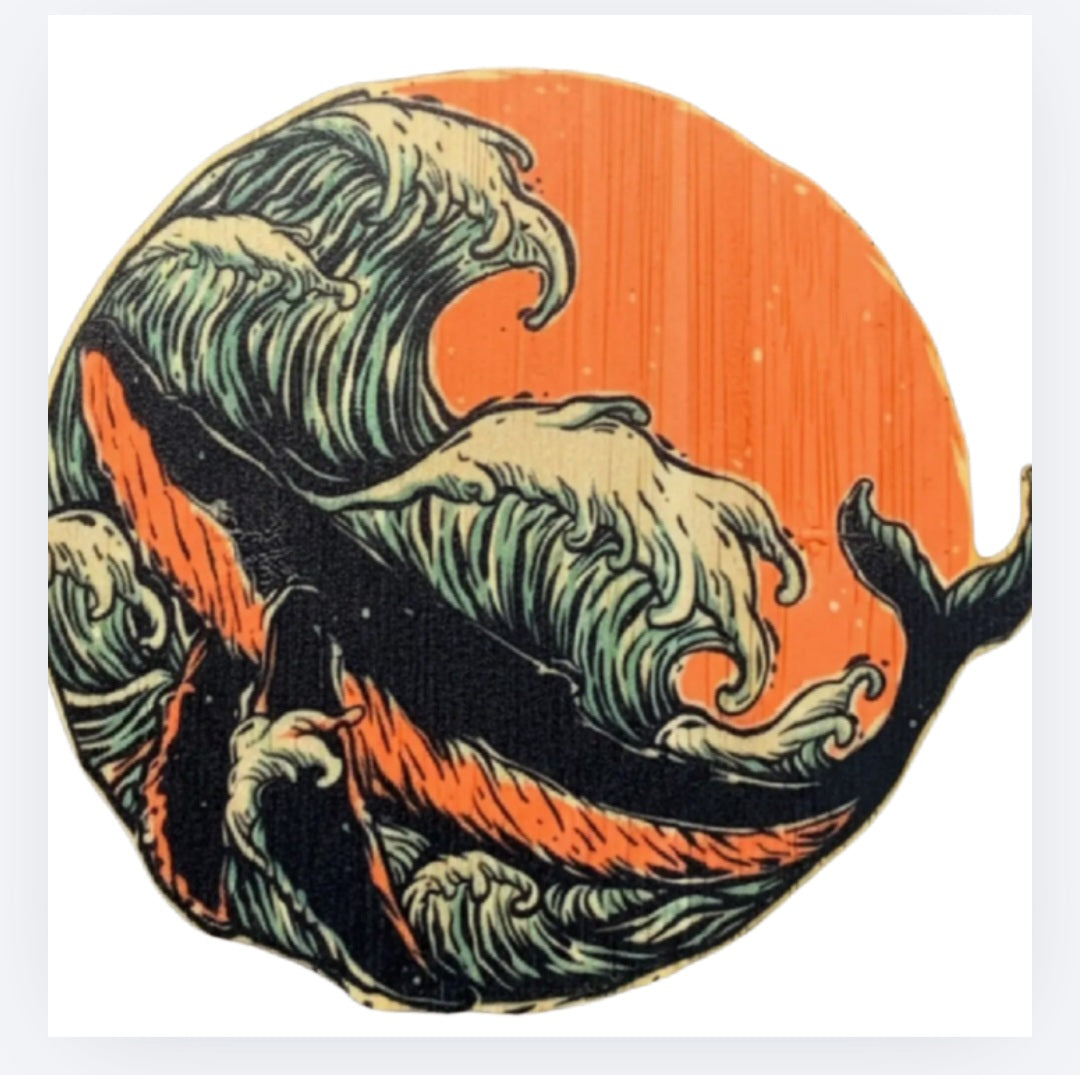 Circular whale-wave bamboo sticker with green wave illustration and orange background