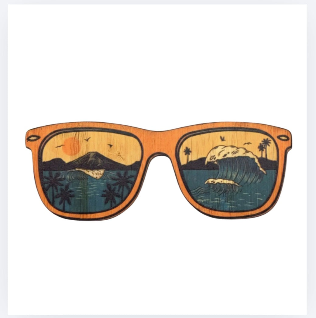 Sunglasses bamboo sticker with orange frame and landscape print lenses