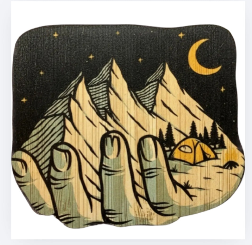 Bamboo sticker with night mountain landscape, moon, stars, and forest silhouettes.