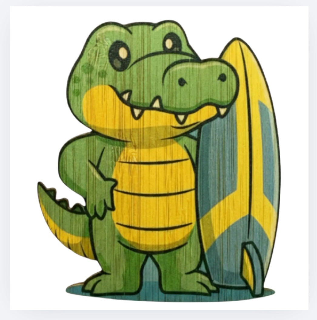 Bamboo sticker of a green crocodile surfing on a yellow surfboard