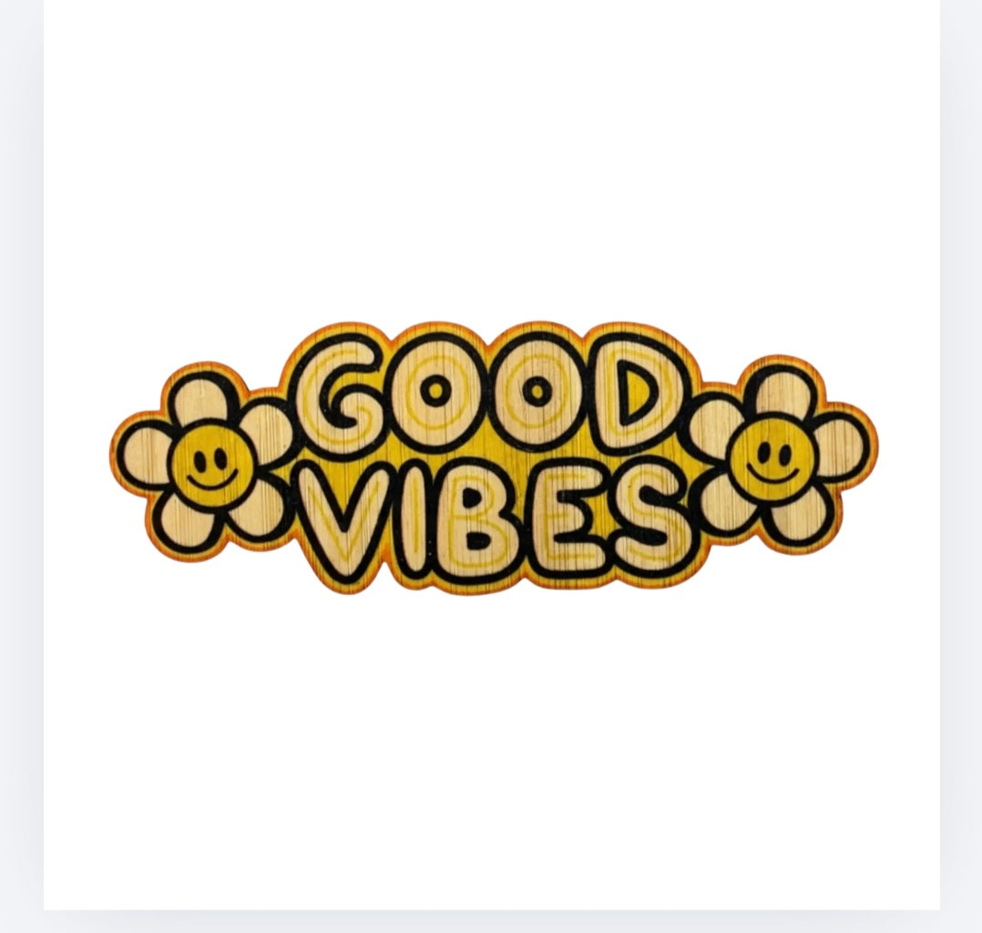 Bamboo sticker with smiling flowers and "GOOD VIBES" text in yellow and black