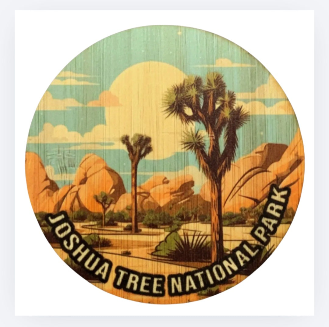 Circular bamboo sticker with Joshua tree landscape and Joshua Tree National Park text