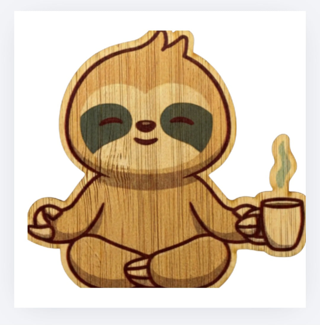 Bamboo sloth sticker, cute cartoon sloth holding a coffee cup in one hand