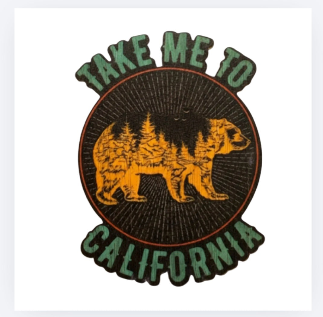 Bamboo sticker with bear and pine trees, 'Take Me to California' lettering
