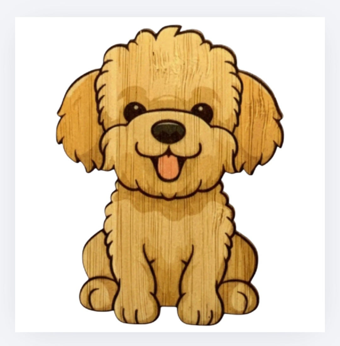 Bamboo sticker of a golden doodle dog face with paws