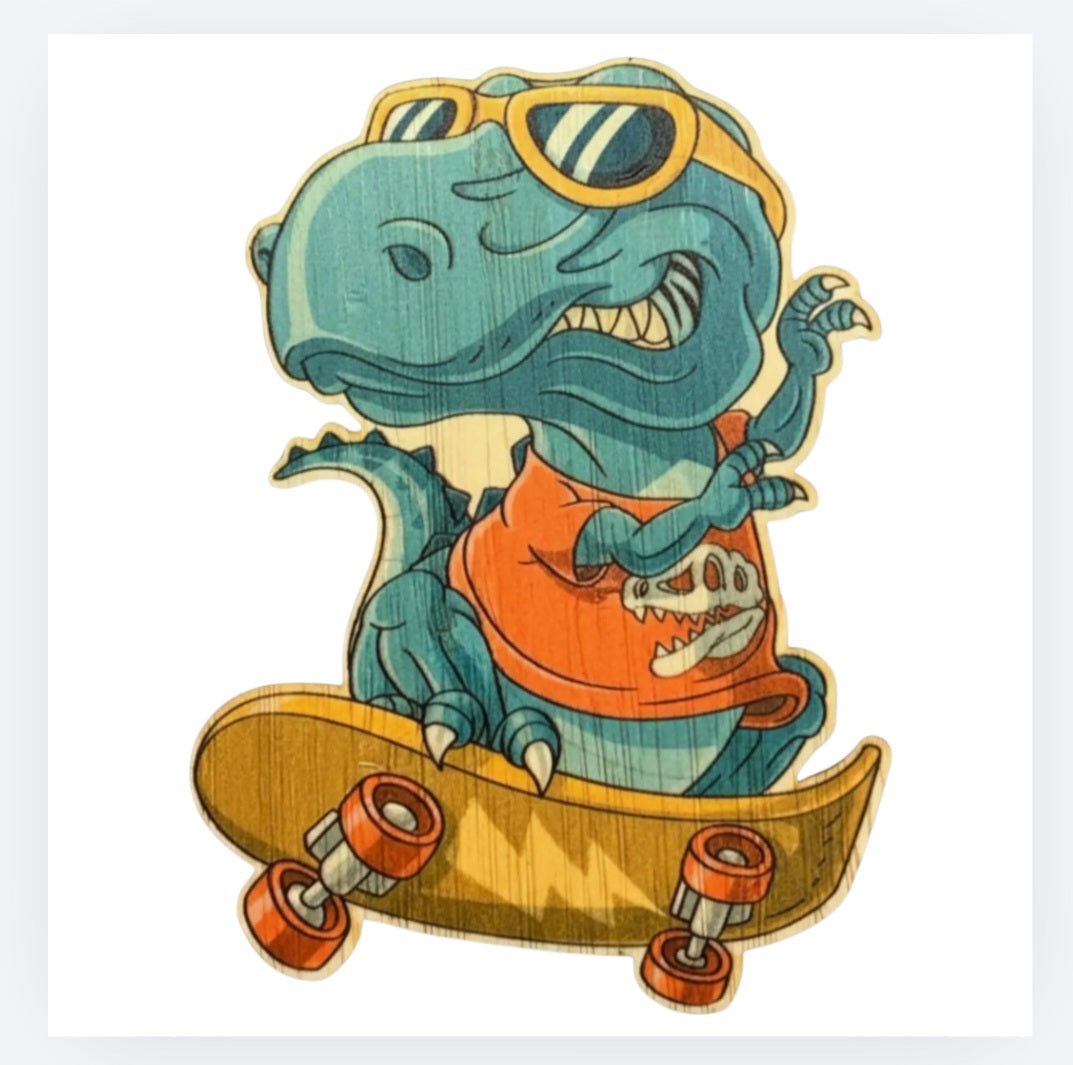 Dinosaur on skateboard bamboo sticker, cartoon teal and orange design