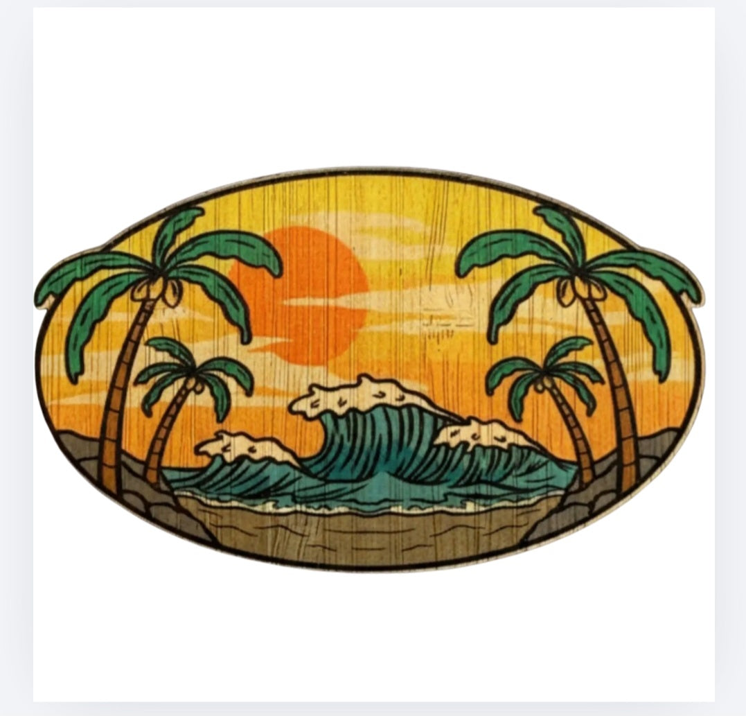Bamboo oval sticker with ocean waves and orange sun, surrounded by green palm trees