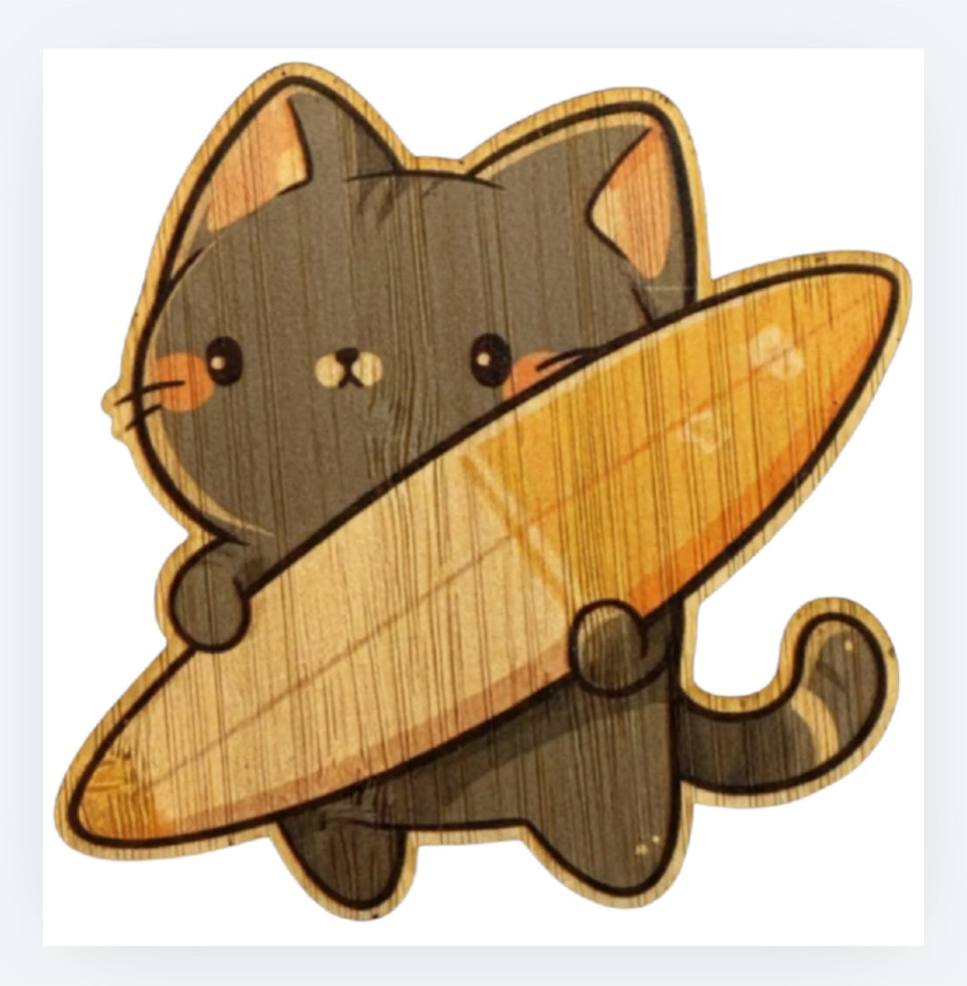 Bamboo woodgrain cat surfer sticker with black cat and tan surfboard