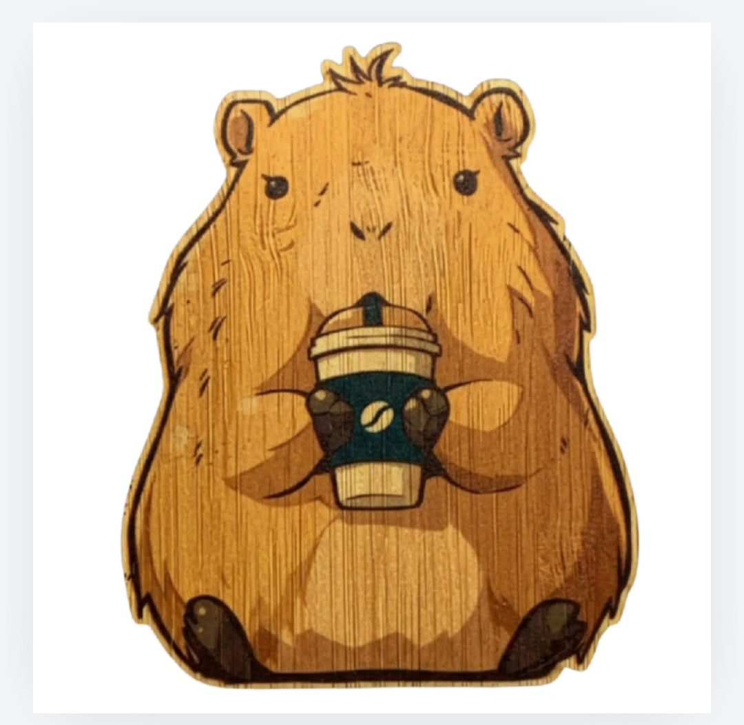 Bamboo sticker of a capybara holding a coffee cup