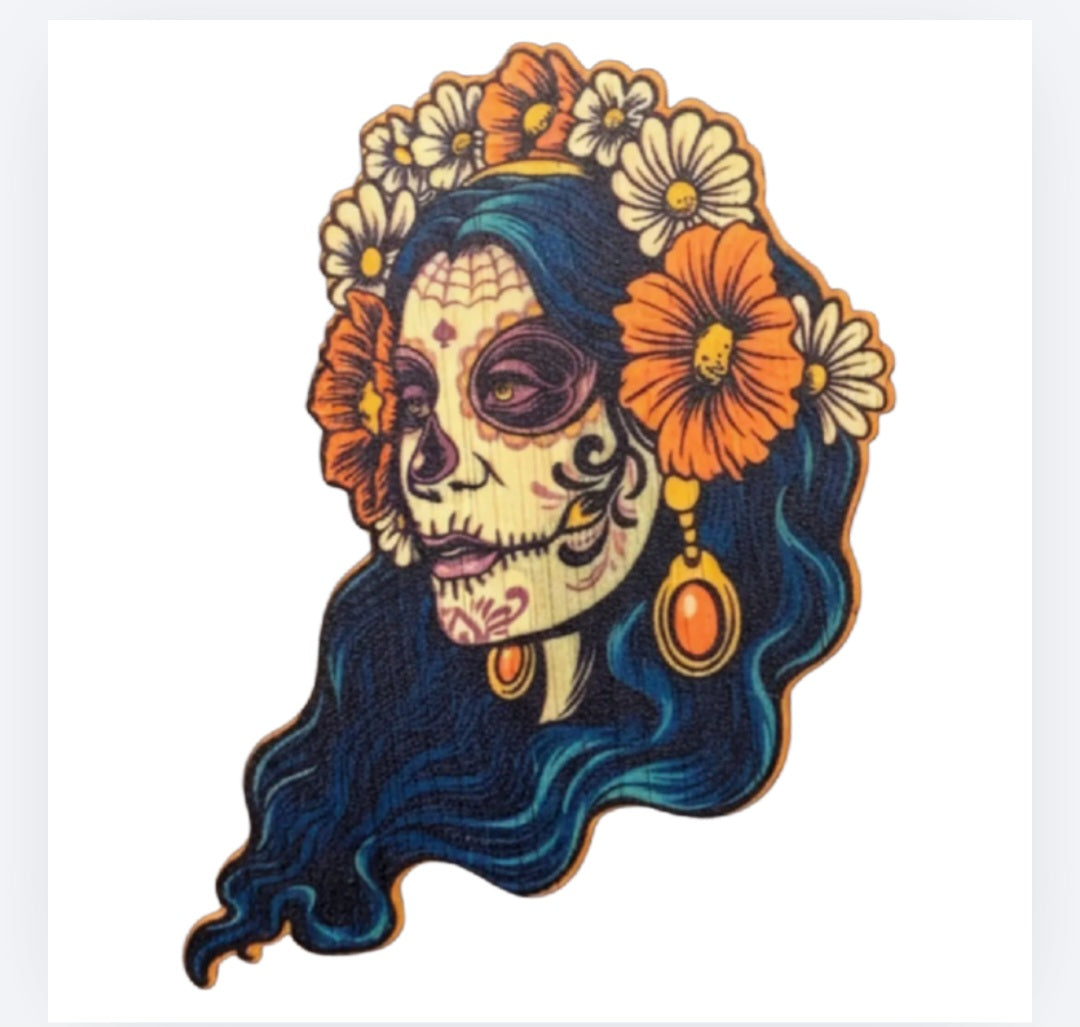 Lady sugar skull bamboo sticker with blue hair, orange and white flowers