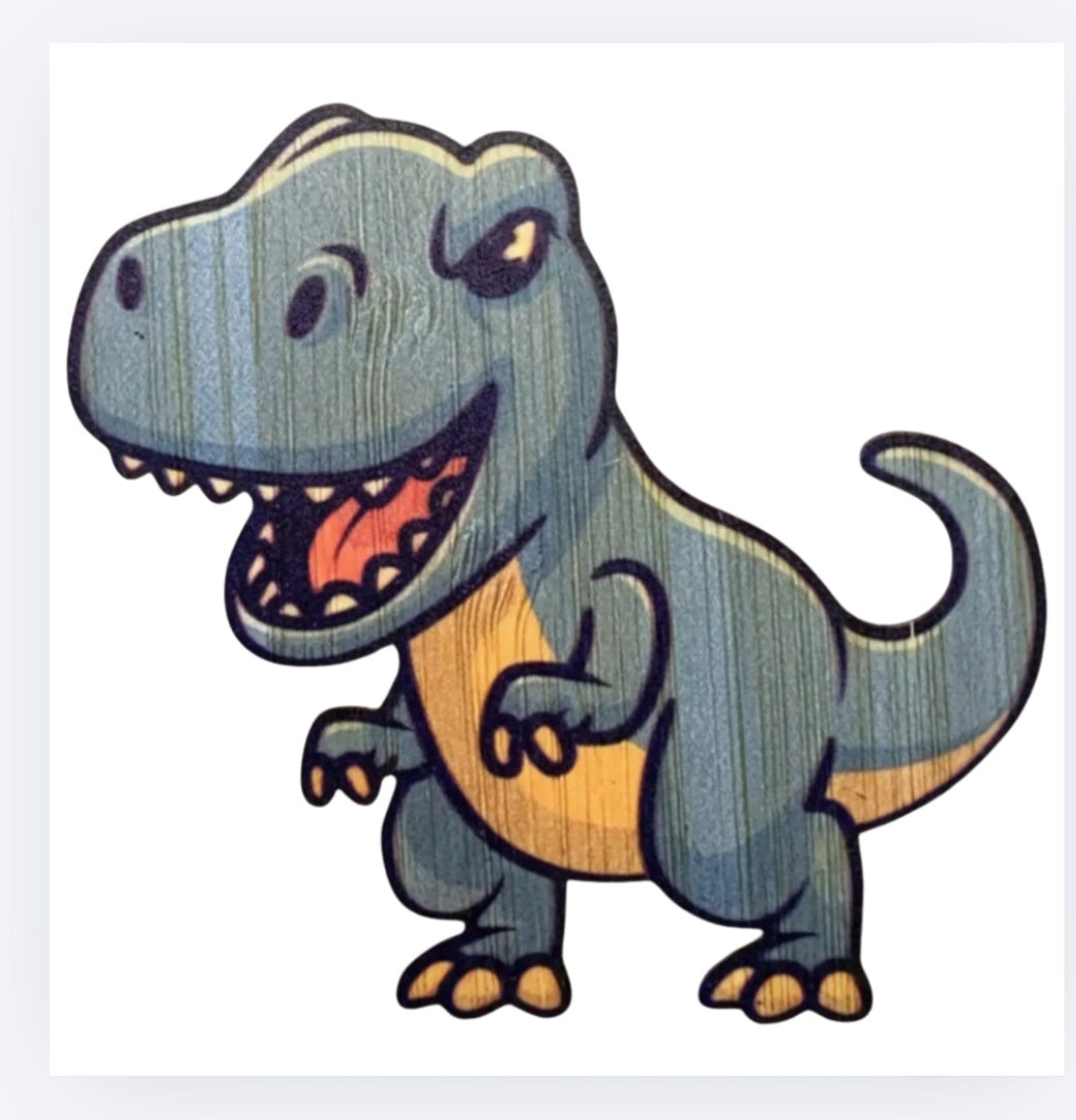 Bamboo tyrannosaurus sticker, blue-gray cartoon dinosaur with open mouth and tail