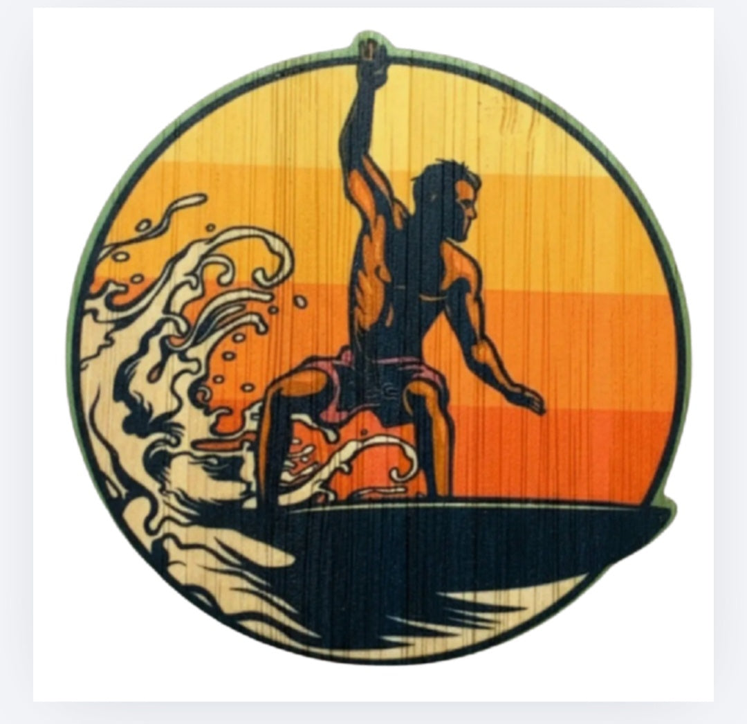 Circular bamboo surf sticker with retro surfer and ocean wave illustration, multicolor