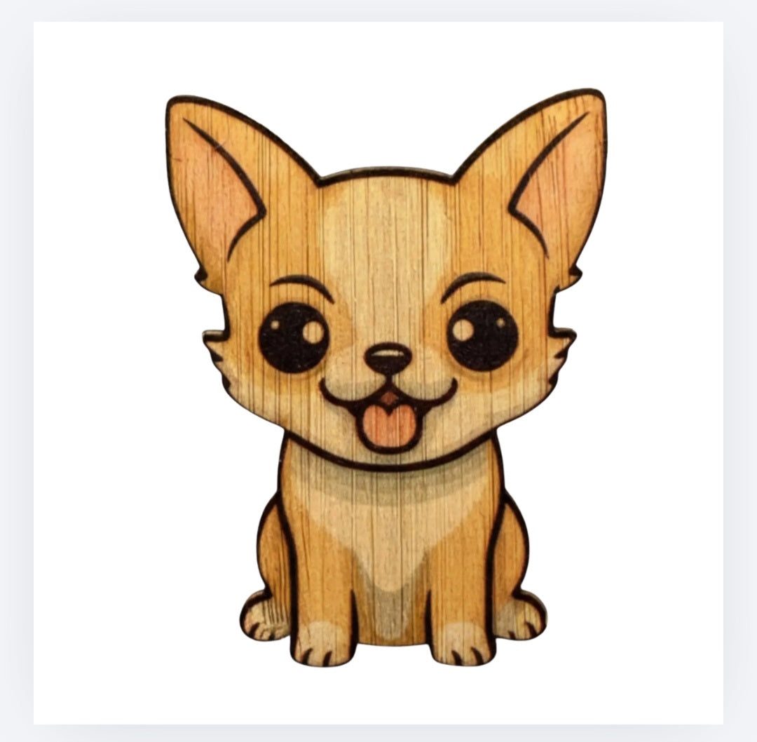 Bamboo chihuahua sticker with smiling cartoon dog face, woodgrain look