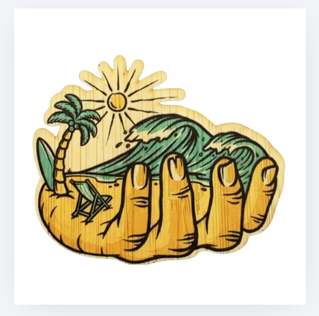Bamboo sticker with stylized sandy wave, sun and green palm leaves