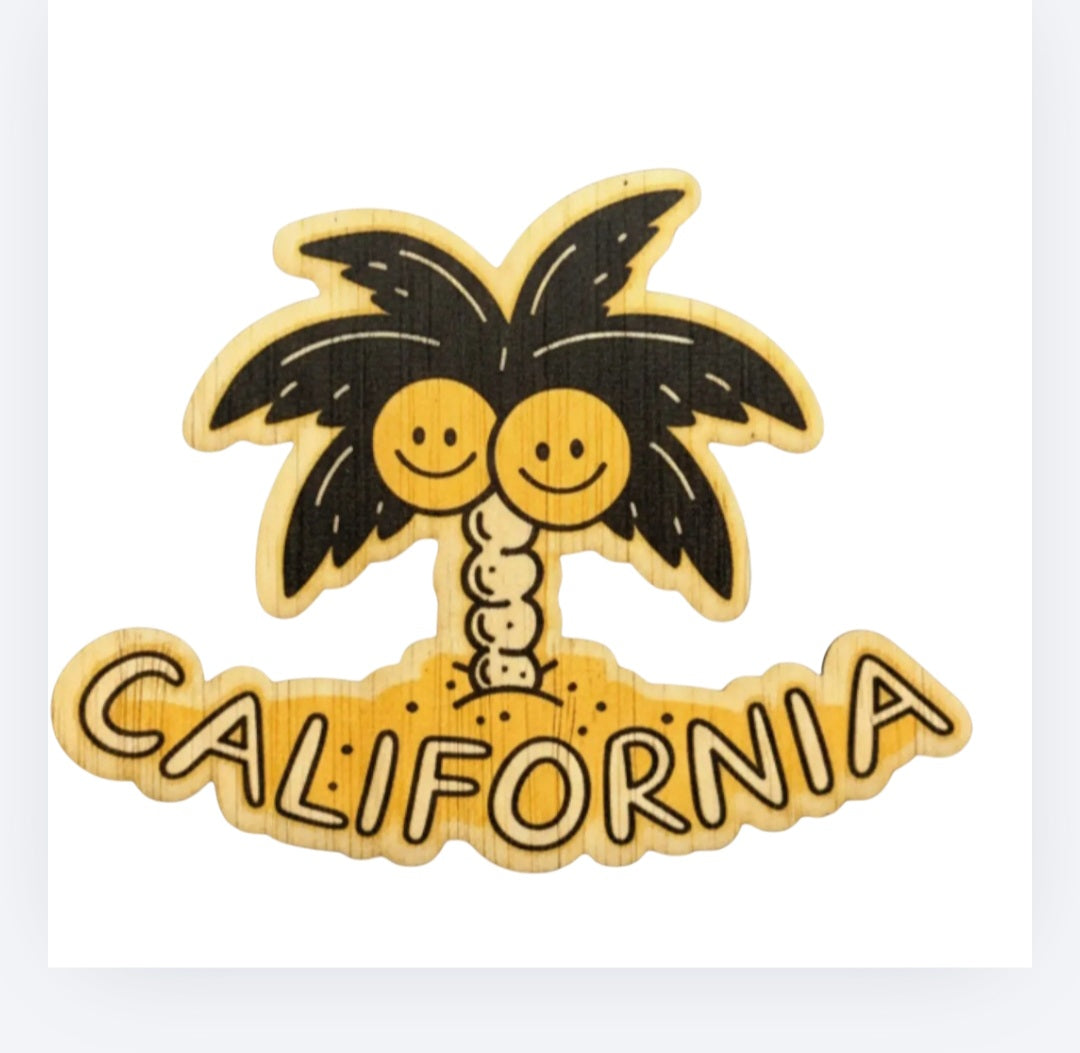 California palm bamboo sticker with smiling faces, palm trees, and text 'CALIFORNIA'