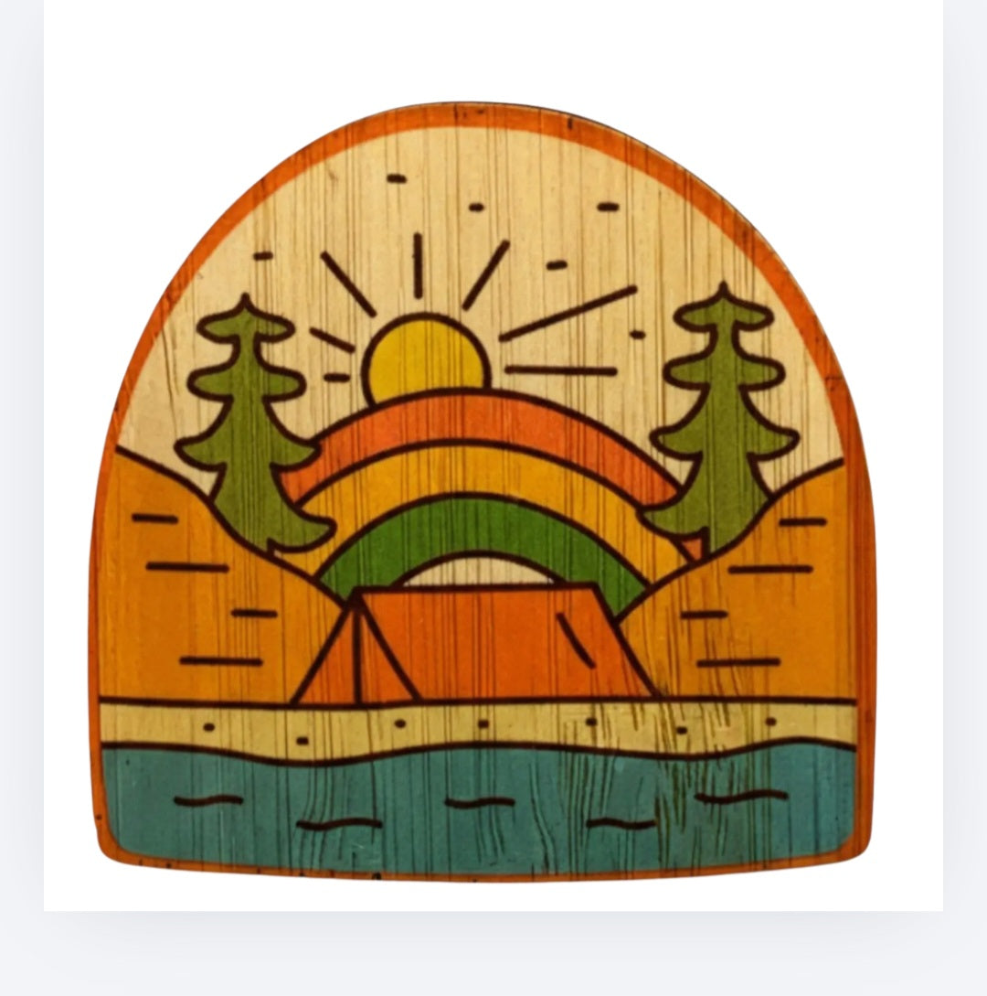 Camping bamboo sticker with arch design, sunrise over mountains, trees and tent