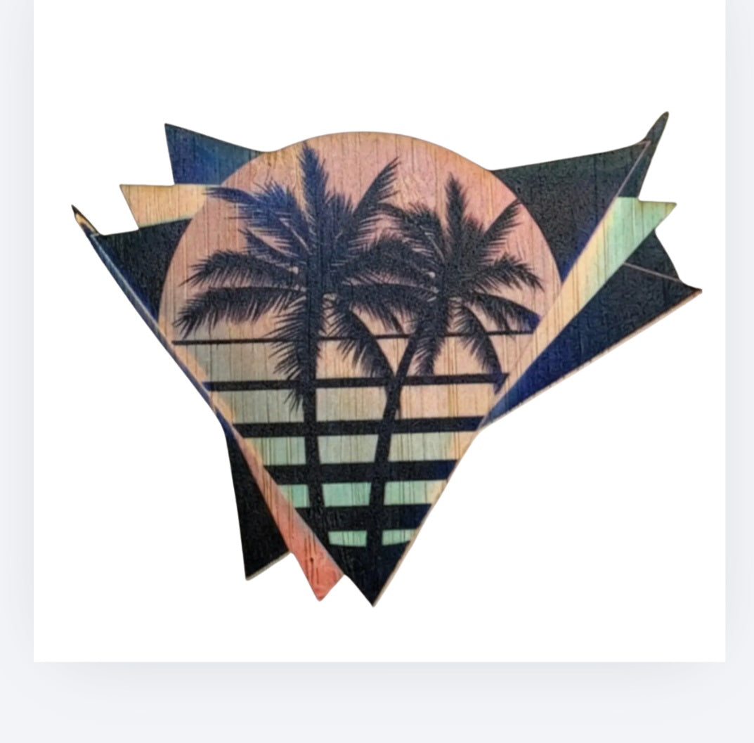 Bamboo sticker with retro palm trees in a triangular, sunburst design