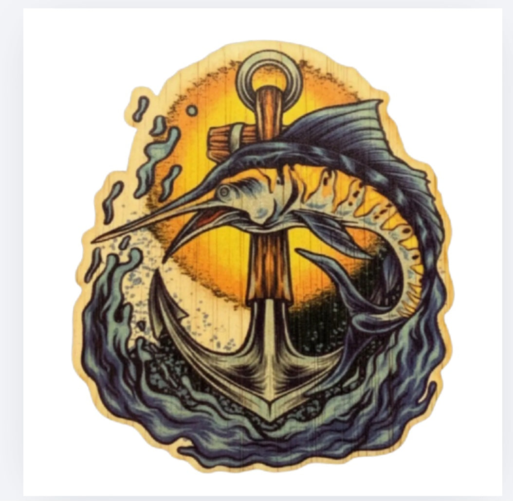 Round bamboo sticker with illustrated anchor and ocean waves in dark blue and amber