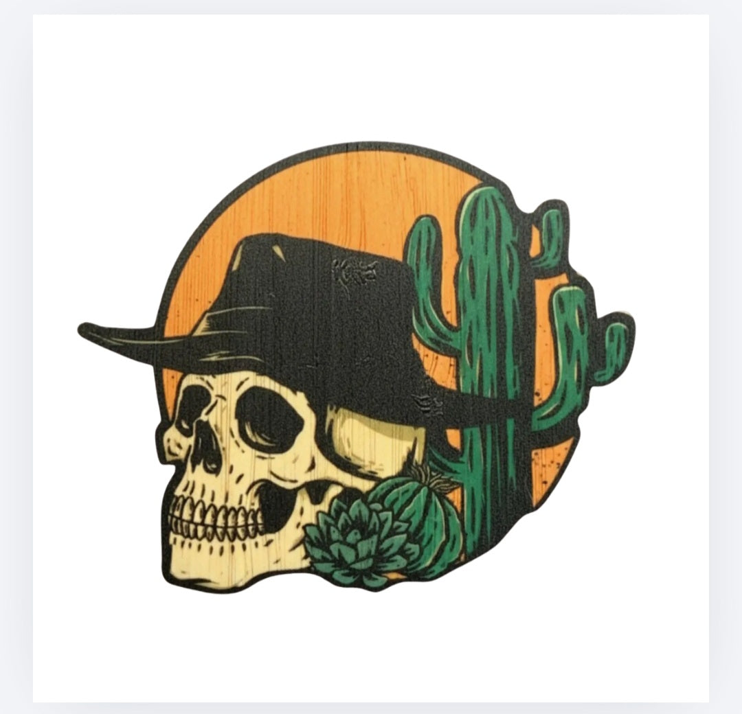Bamboo desert skull sticker with cactus, round shape