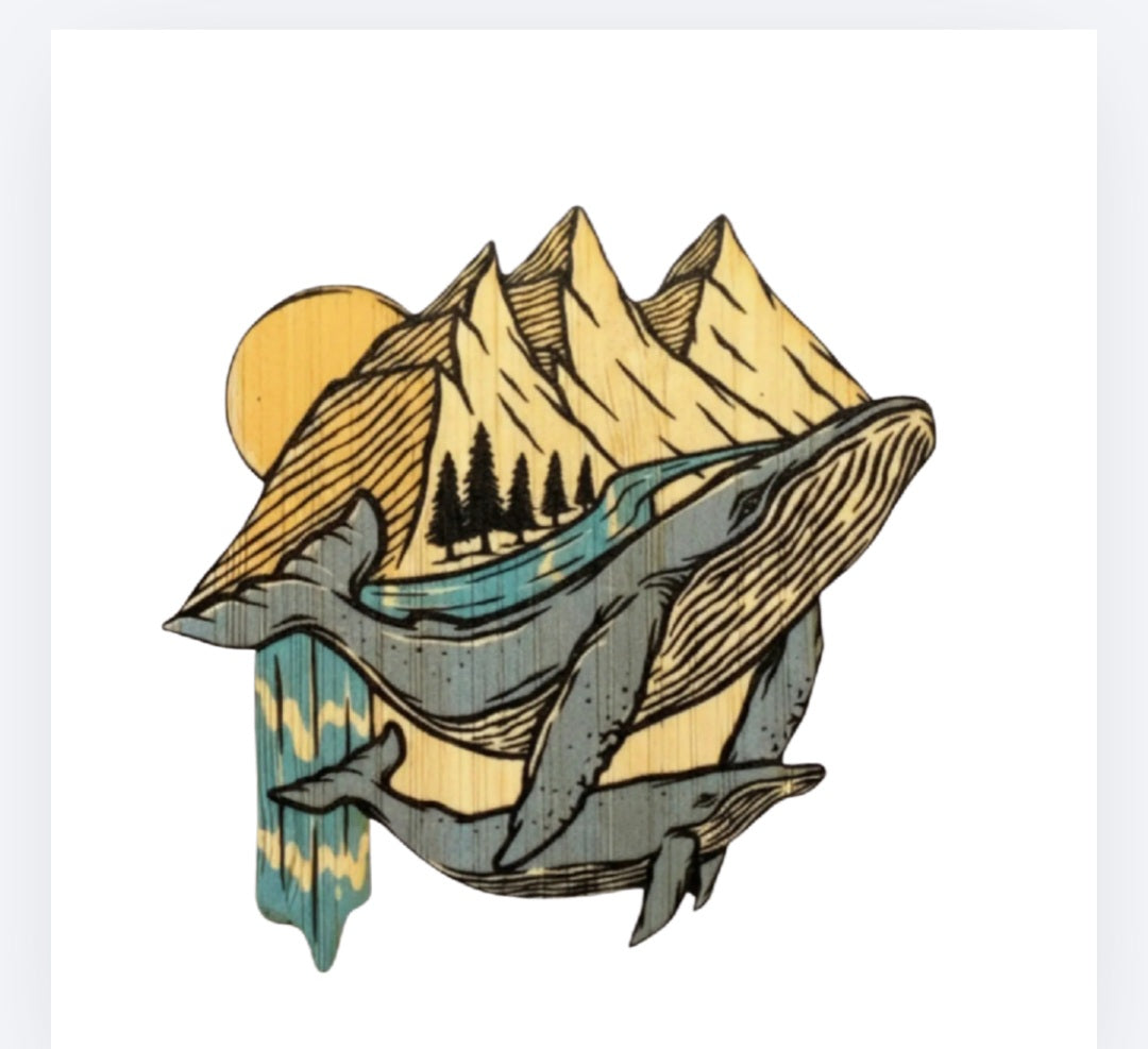Bamboo sticker with mountain whale and moon illustration