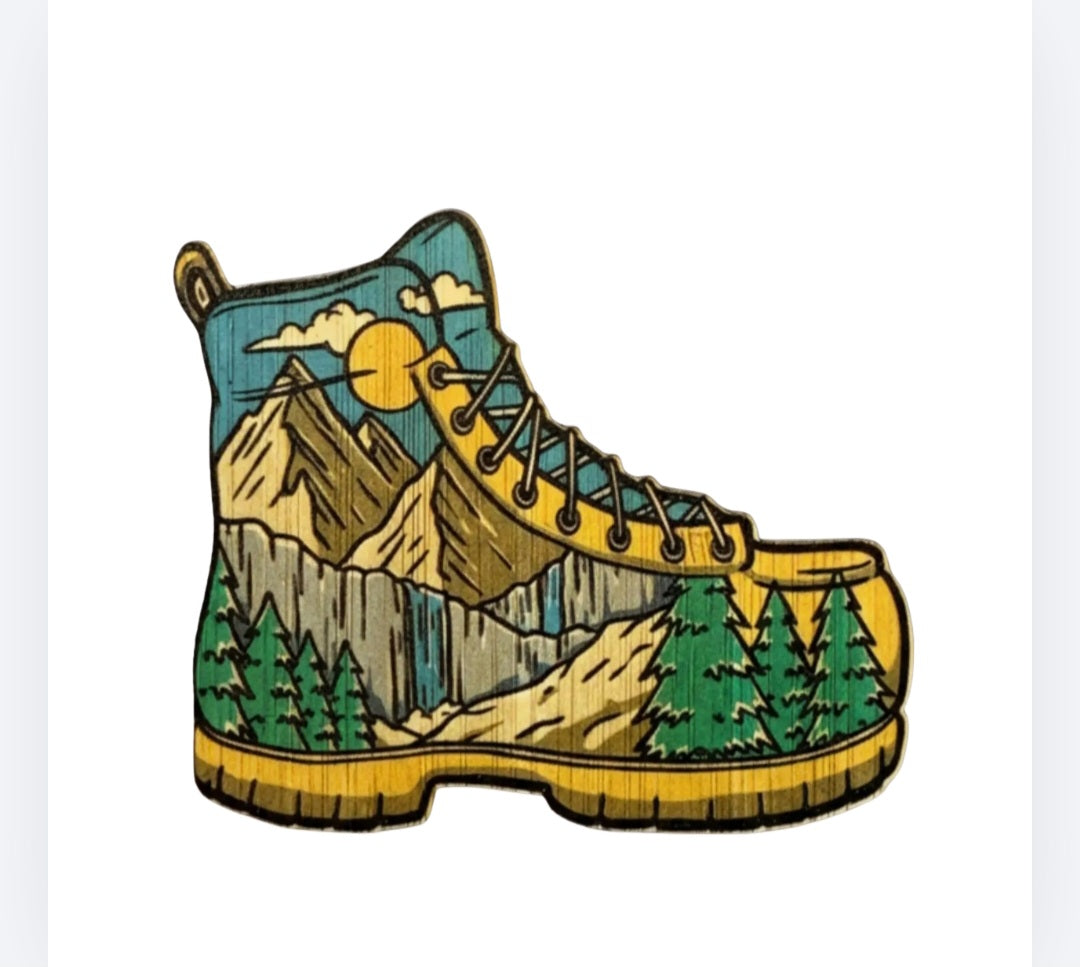 Hiking boot bamboo sticker with teal boot, yellow laces, mountain and forest illustration