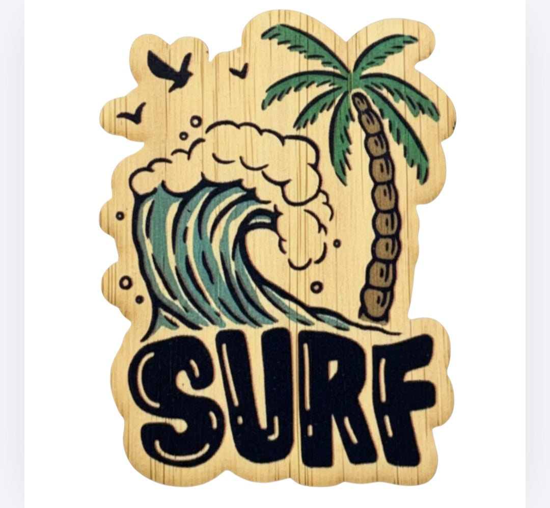 Bamboo surf sticker showing palm tree, wave, birds, and SURF lettering