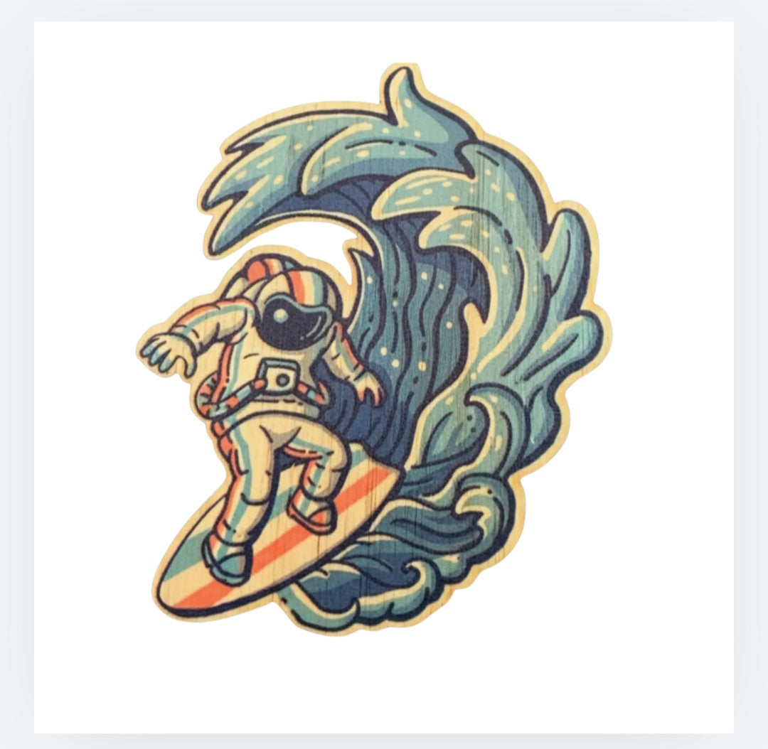 Bamboo sticker of astronaut surfer with blue wave and surfboard