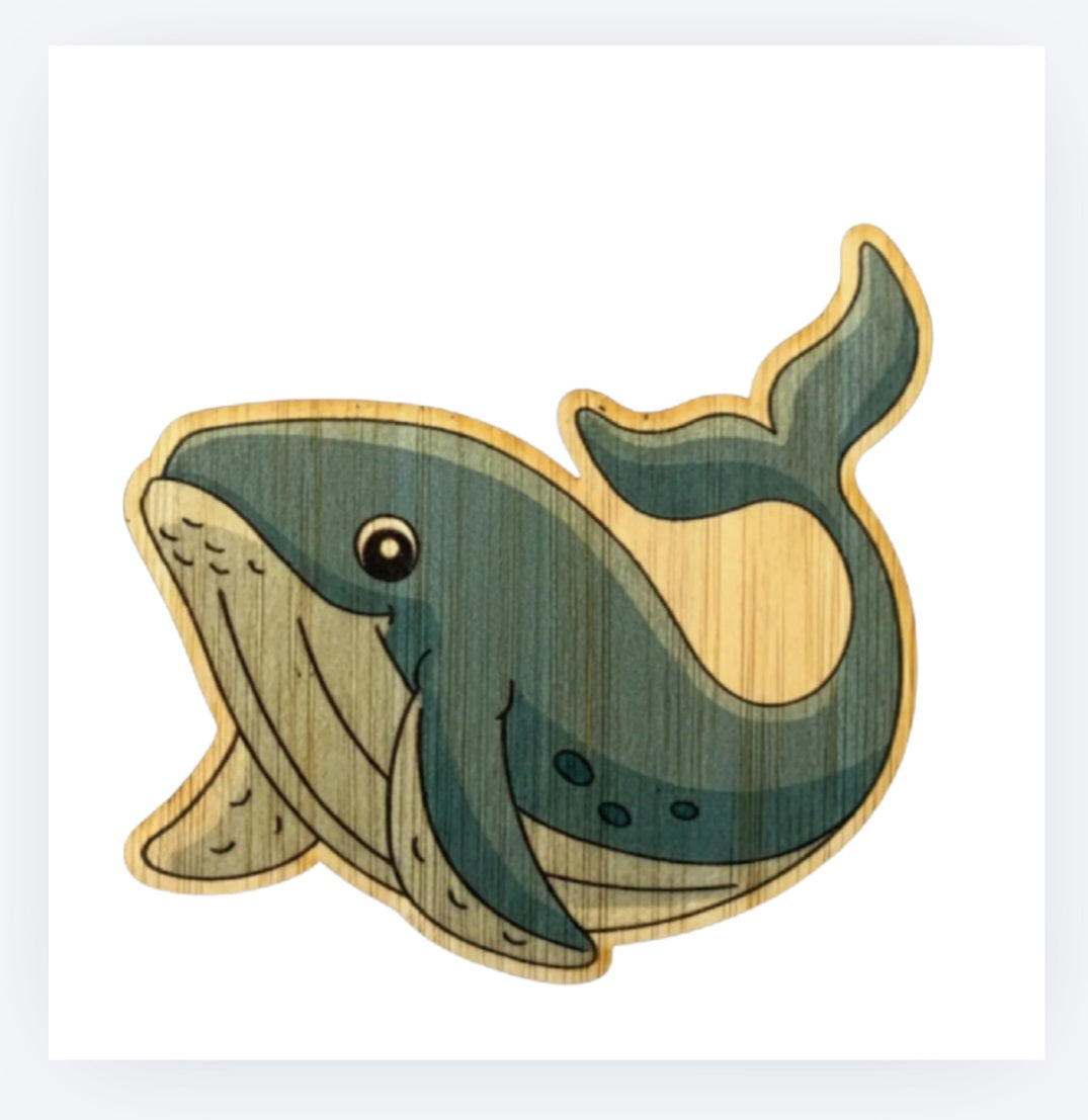 Whale bamboo sticker with cartoon dark green whale and tan outline