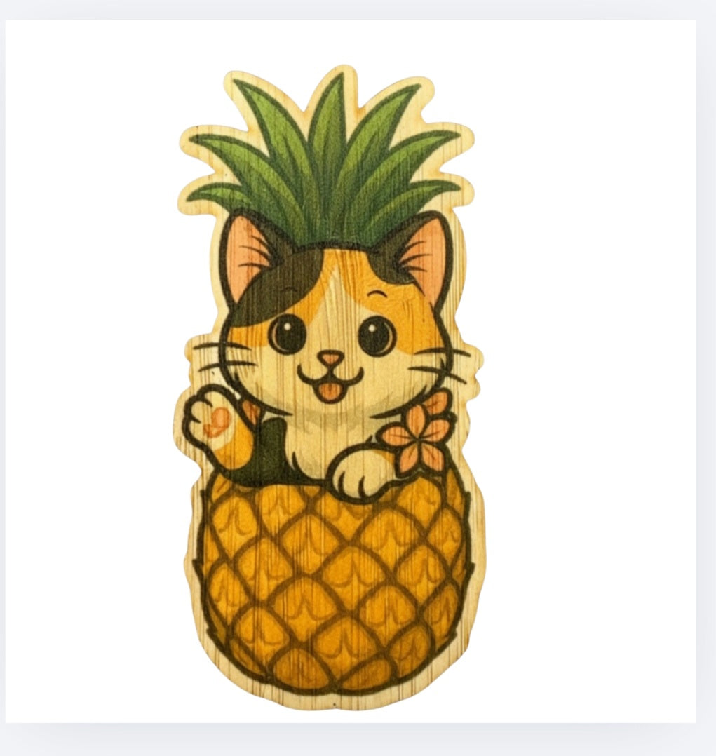 Bamboo cat pineapple sticker, chubby tabby wearing pineapple top with leaf crown