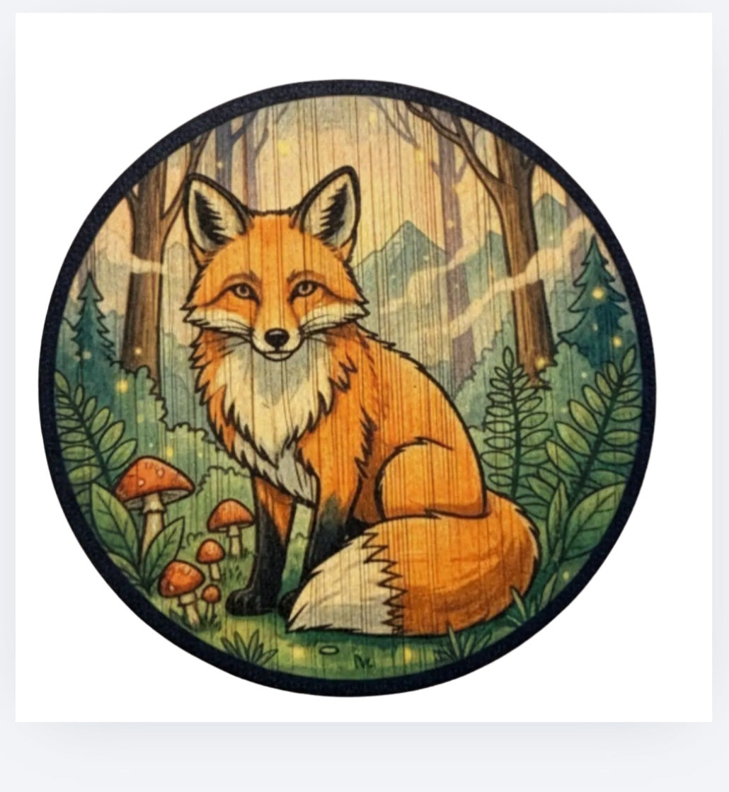 Round bamboo sticker with orange fox in forest scene, mushrooms and pine trees.