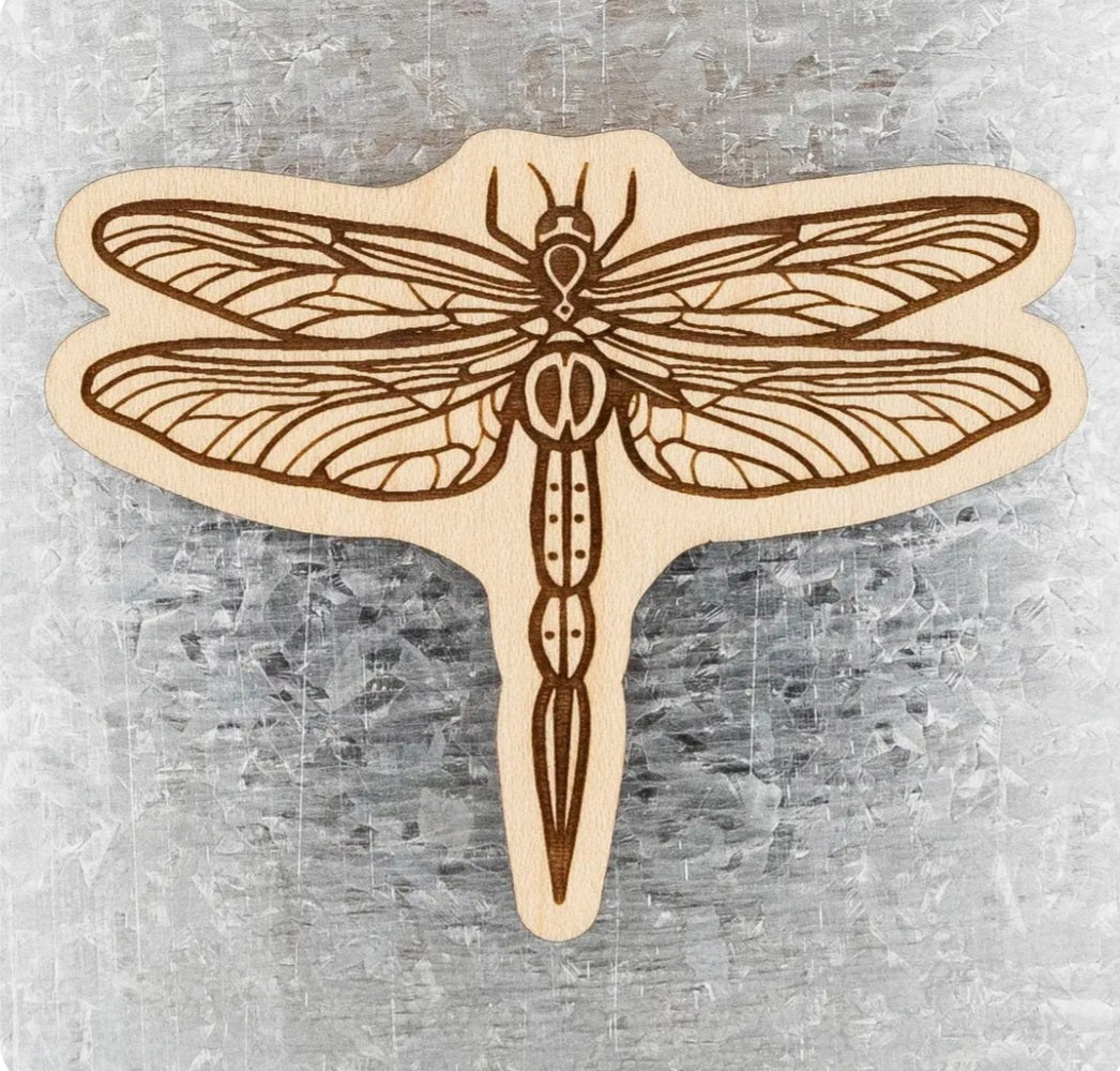 Dragonfly wood magnet with laser-cut outline and etched wing detail