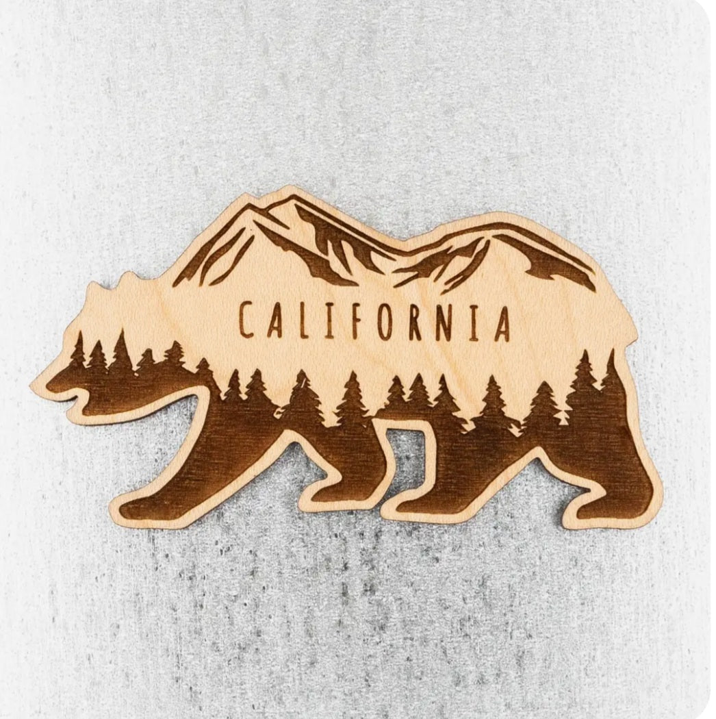 California bear wood magnet with mountain and pine forest, CALIFORNIA text