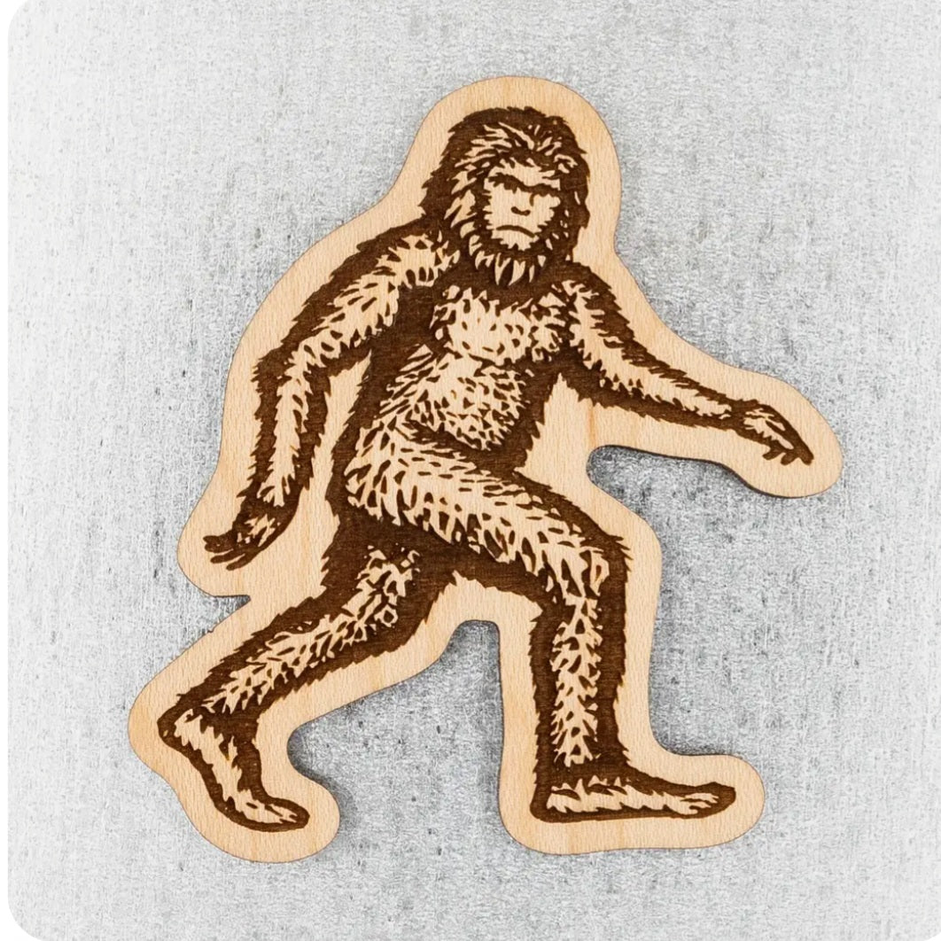 Wood Sasquatch standing cutout magnet with carved brown figure