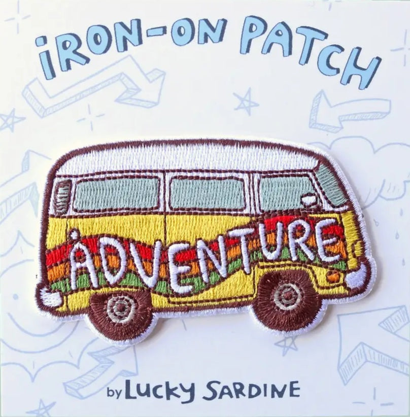 Iron-on patch with embroidered rainbow adventure van, text 'ADVENTURE' and Lucky Sardine