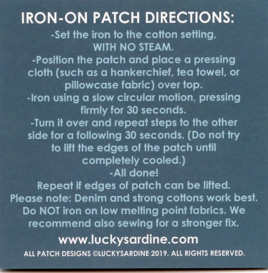 Iron-on patch directions card with step-by-step heat-press instructions