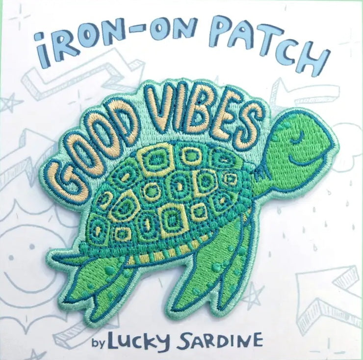 Green sea turtle iron-on patch with GOOD VIBES lettering
