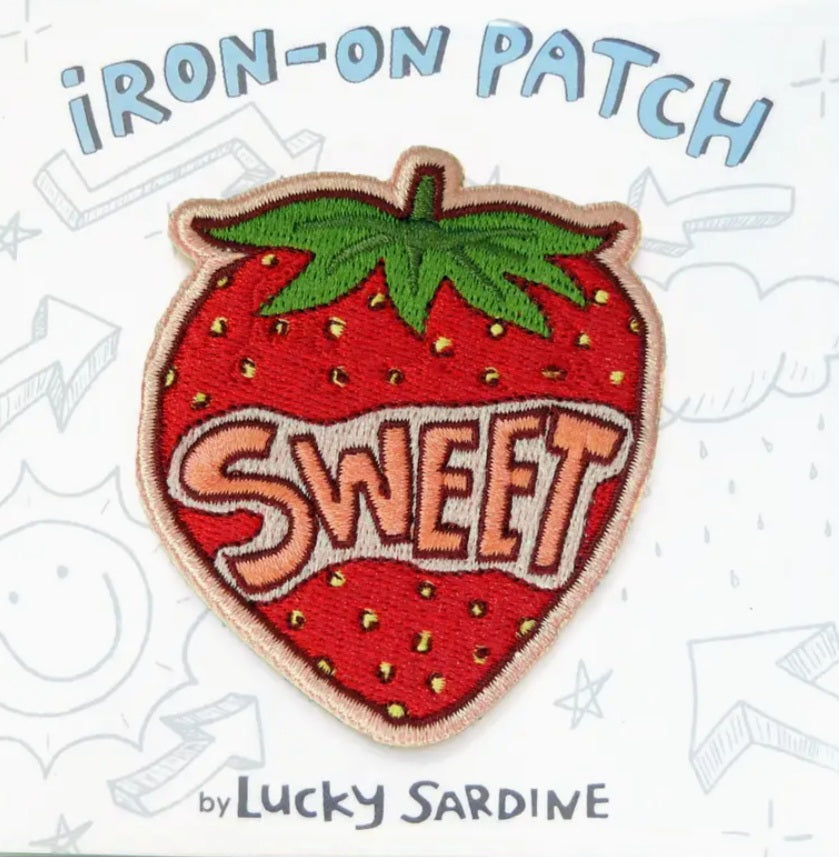 Sweet strawberry iron-on patch, embroidered red strawberry with green leaves and SWEET text