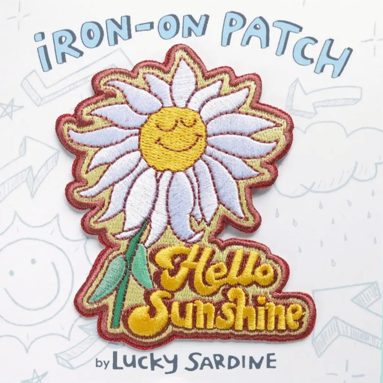 Hello Sunshine daisy iron-on patch with smiling sun and Hello Sunshine text
