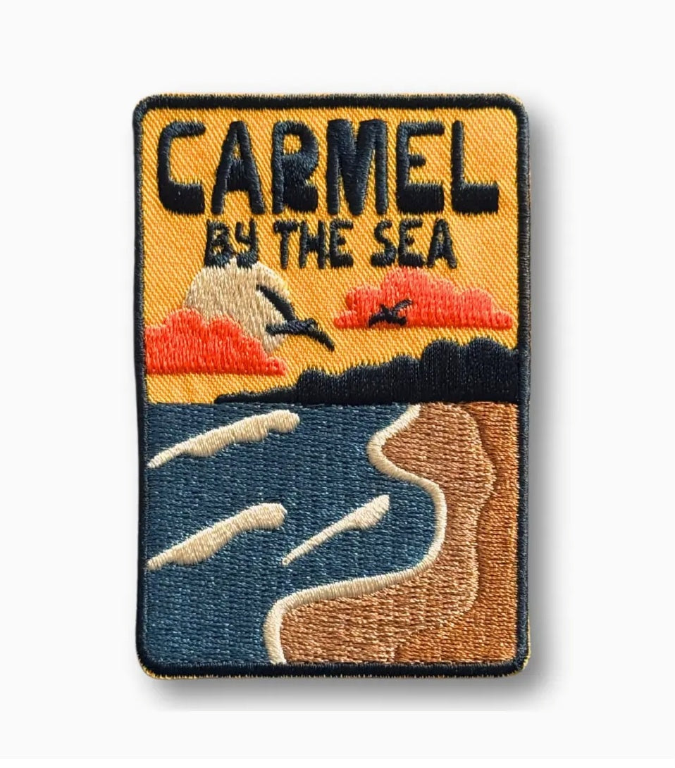 Rectangular iron-on patch with embroidered Carmel By The Sea landscape