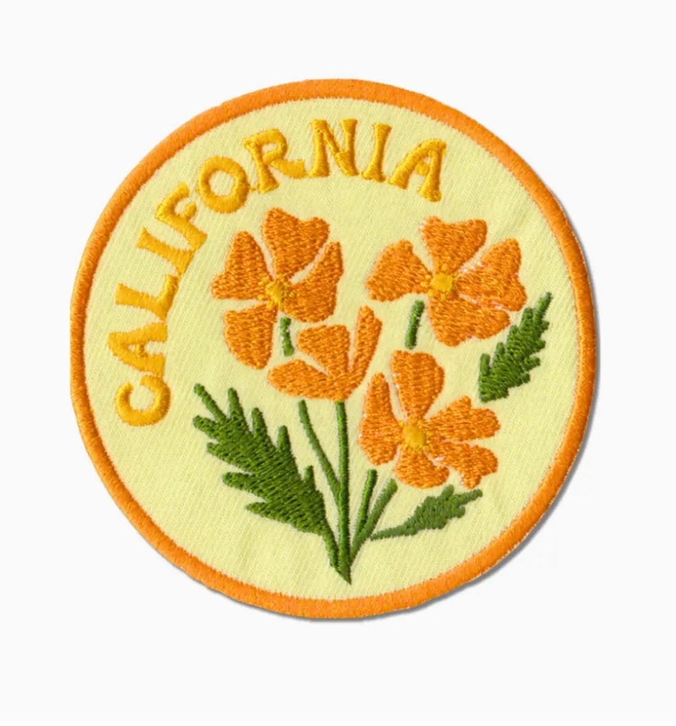 California poppies iron-on patch: round, orange flowers, green leaves, 'CALIFORNIA'